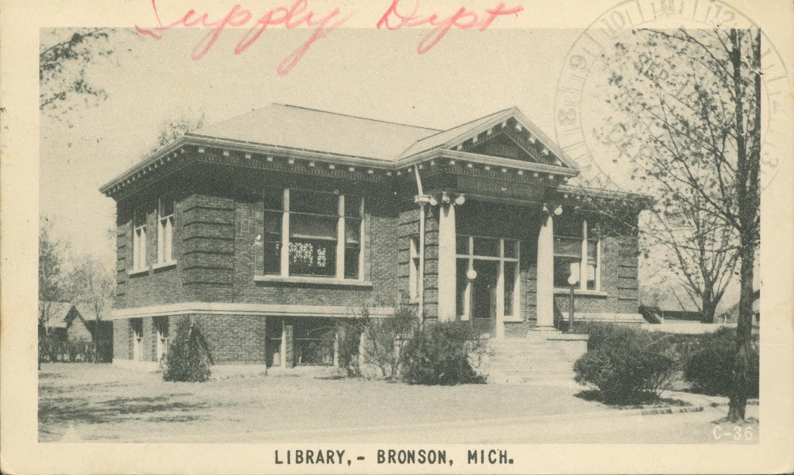 Library Postcards 1951 Library, Bronson, Michigan