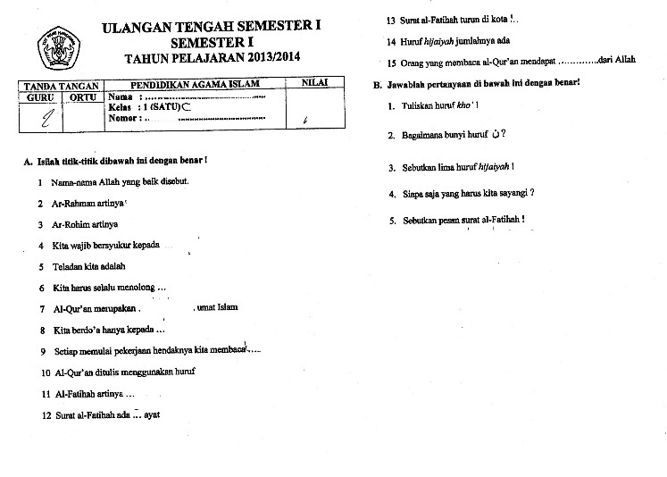 Contoh Soal UTS Pendidikan Agama Islam Kelas 1 Semester 1