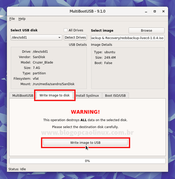 Clique no botão "Write image to USB" para criar um pen drive bootável "comum" Clique no botão "Write image to USB" para criar um pen drive bootável "comum"