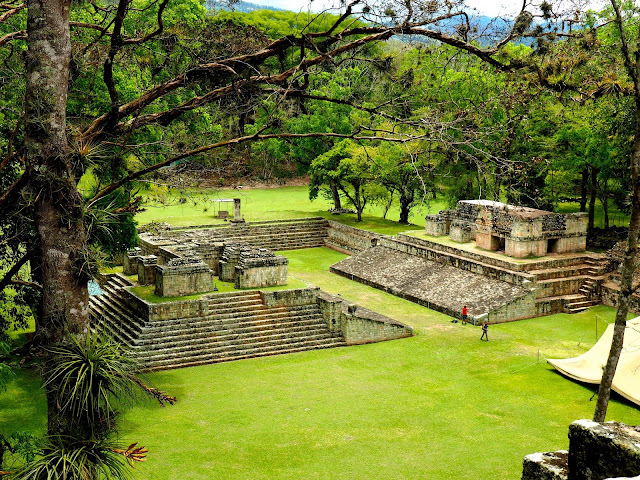 Mayan temple ruins in the jungle forest outside Copan, Honduras