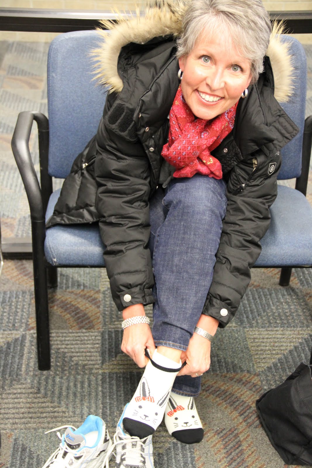 Mother Rabbit airport socks in action.