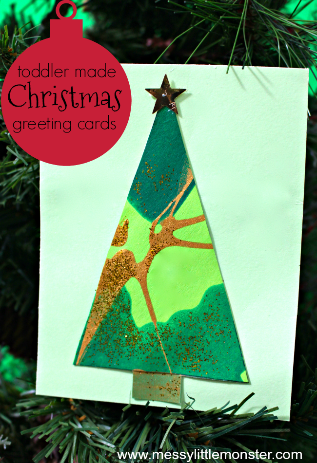 Toddler or preschooler made DIY Christmas tree greeting card .An easy Christmas card craft ideas for kids using a fun spin art painting technique.