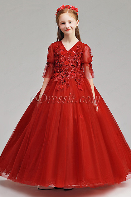 long flower girl dress in red with flower decorated