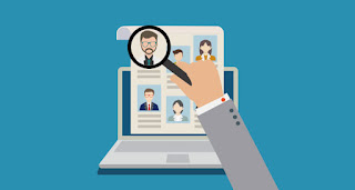 An animated image of laptop and person screening other people on laptop with magnifying glass