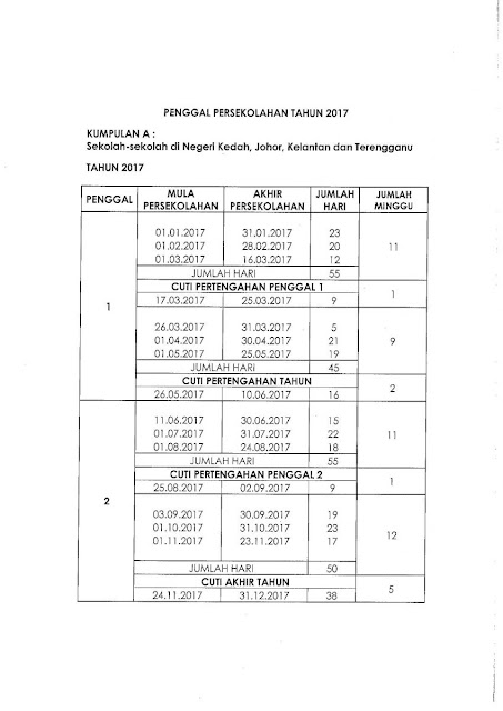 Takwim Sekolah 2017 bagi Kumpulan A