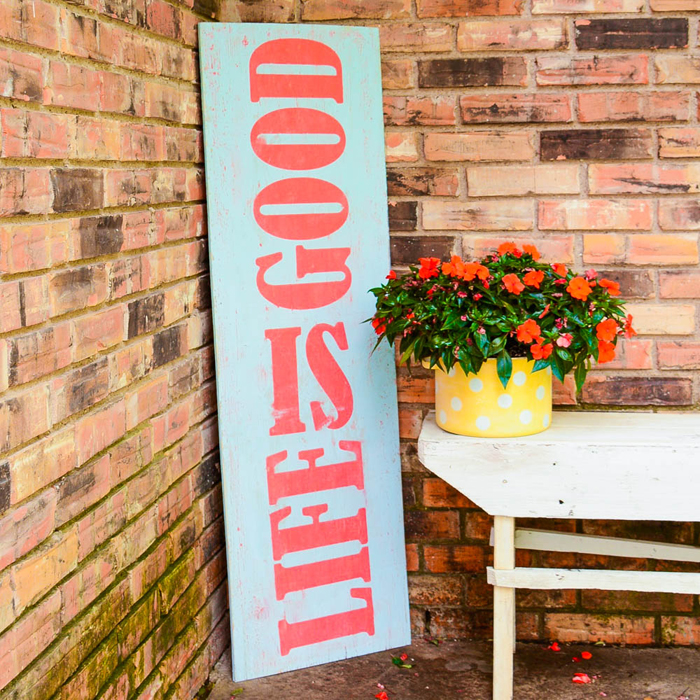 Vintage Patio Sign | Old board turned into a fun, LIFE IS GOOD Vintage Patio Sign