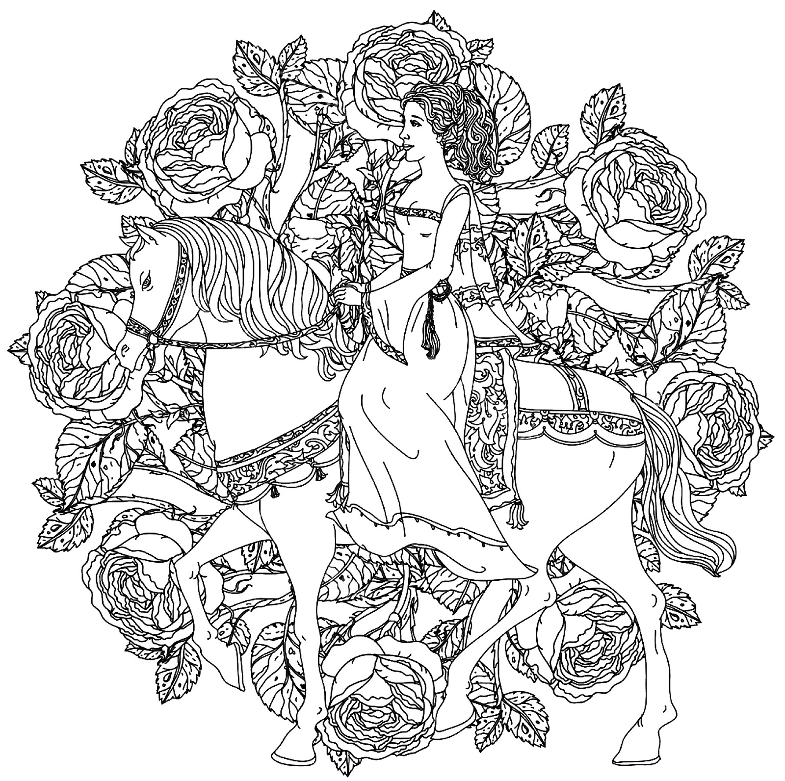 Tranh tô màu cô gái trên lưng ngựa trong vườn hồng