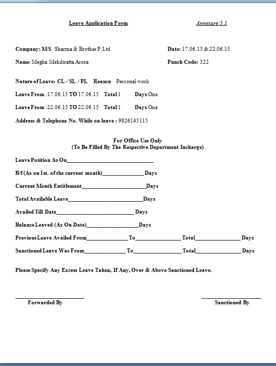 Company's Leave Application Form Format in Word Free Download