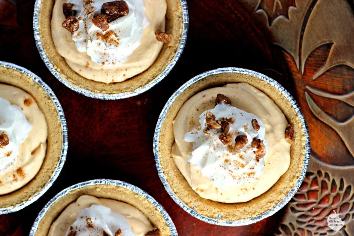 Mini Pumpkin Pecan No-Bake Cheesecakes | by Renee's Kitchen Adventures - easy dessert recipe for little pumpkin cheesecake #EffortlessPies ad 