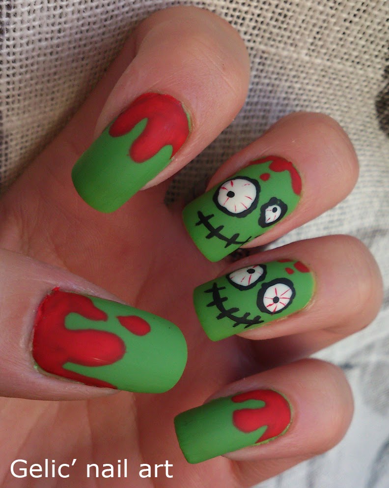 Gelic' nail art Cute n’ crazy green bloody zombie nail art