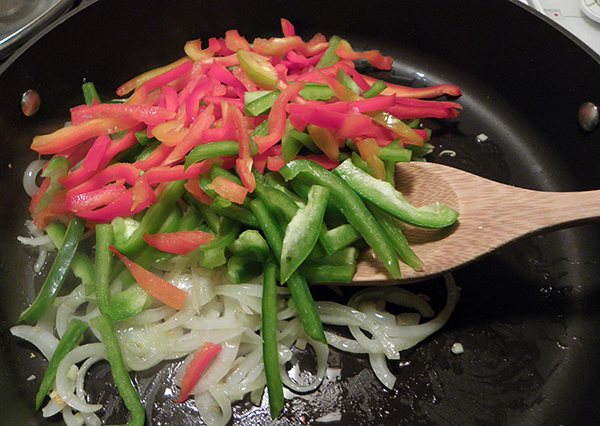 Skillet with Onion, Garlic, Red and Green Bell Pepper