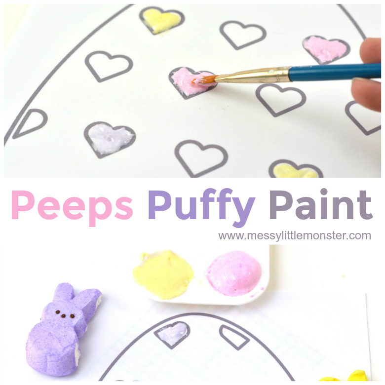 Peeps edible puffy paint recipe. Includes a free printable Easter egg colouring sheet. A fun and easy painting idea for kids. 