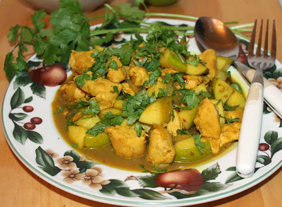 Close-up of a finished plate of Chicken and Apple Indian Curry.