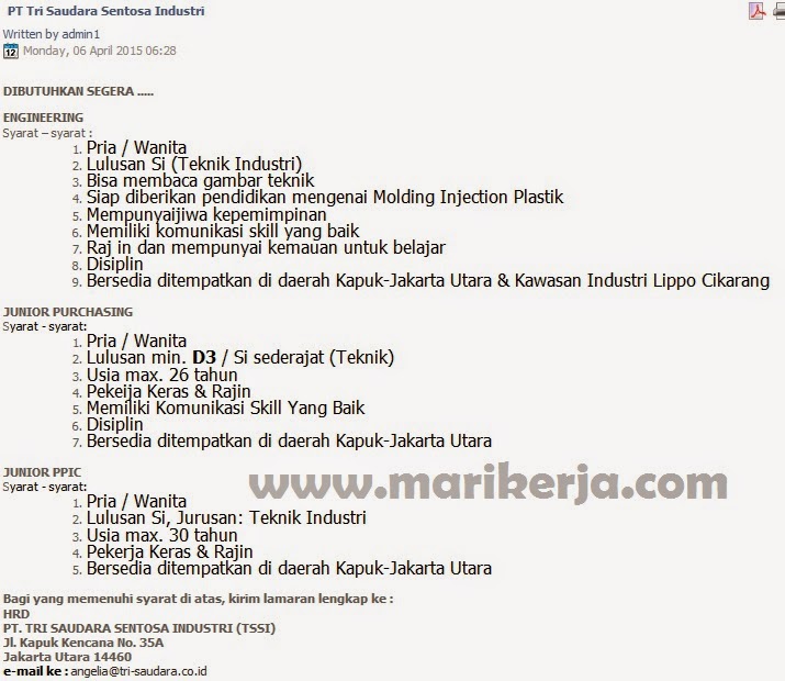 Lowongan Kerja S1 Teknik PT Tri Saudara Industri Jakarta ...