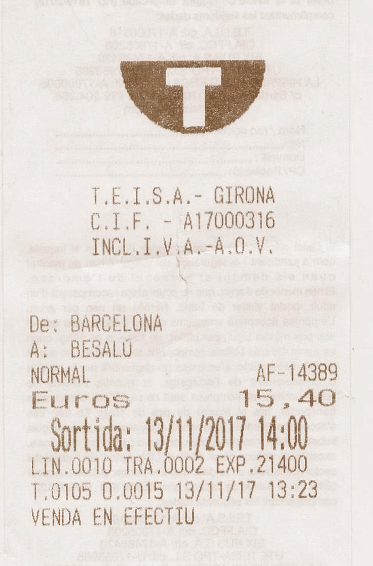 The traveler's drawer TEISA, Bitllet autobús de Barcelona a Besalú (2017)