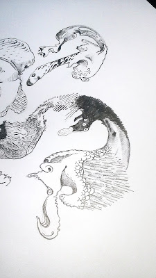 Close up photo of Kostas Gogas' drawing, entitled 'Abstract Fish', depicting fish-like shapes made with pencil. Click to enlarge.