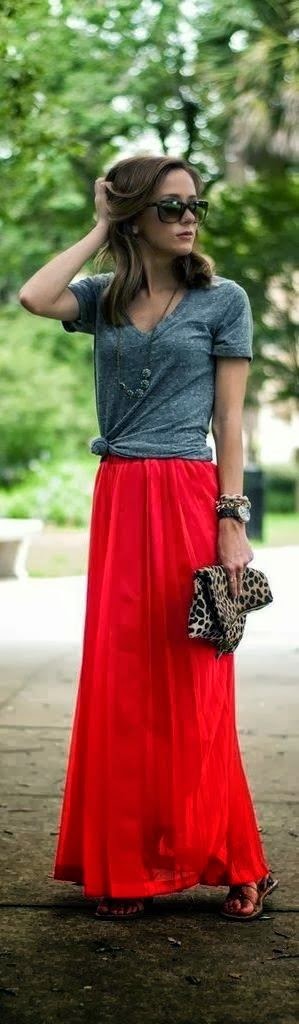 Street style | Grey top, red maxi skirt, sandals, clutch | Just a ...