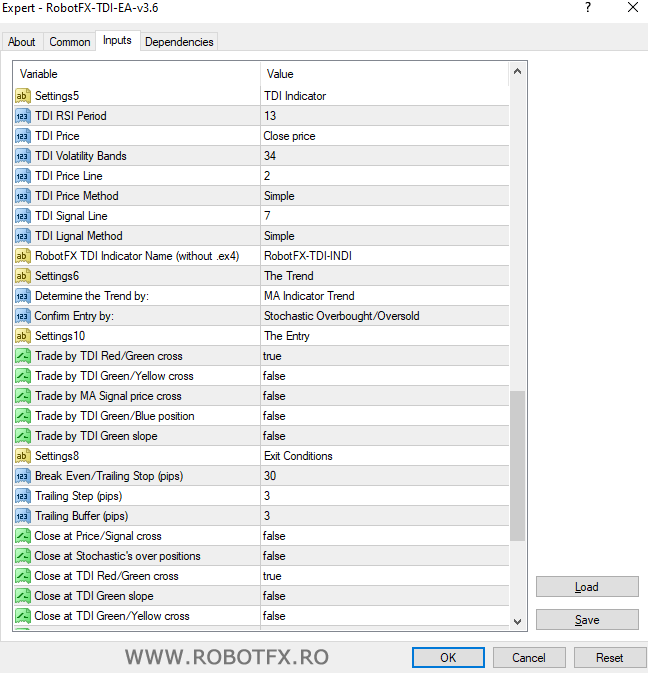 TDI EA settings Screenshot showing the Traders Dynamic Index expert advisor settings (Metatrader)