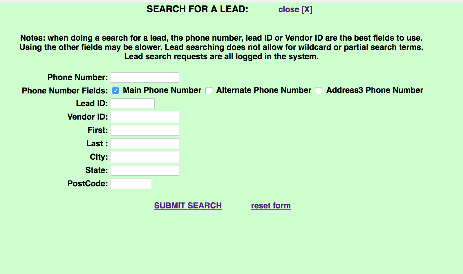 Vicidial Agent Lead Search feature