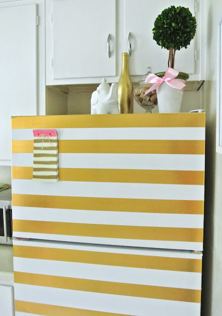 DIY Gold Striped Refrigerator with Decor on Top