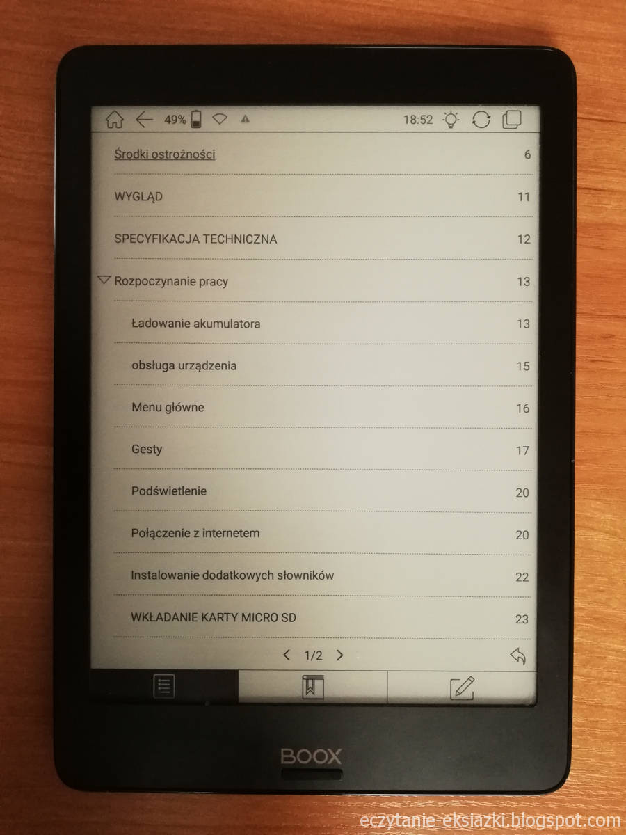 Widok spisu treśc w aplikacji Neo Reader 2.0 na czytniku Onyx Boox Nova