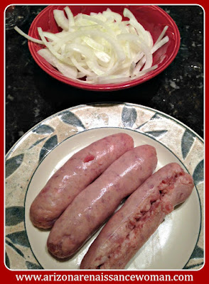 Bangers and Sliced Onions for Bangers and Mash Tacos