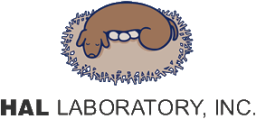 Logo HAL Laboratory Inc. muestra a un perro incubando tres huevos