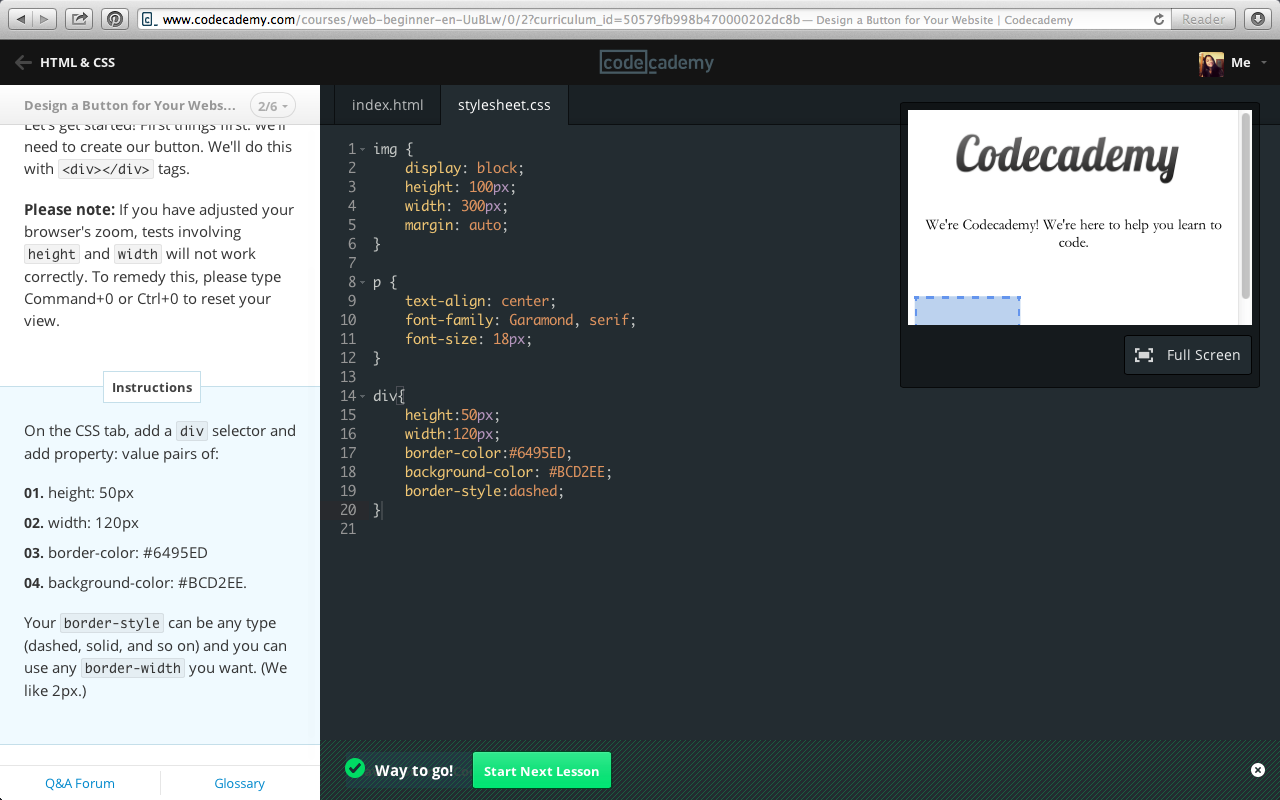 Nadia Larashari Shabrina Codecademy HTML & CSS Design a Button for