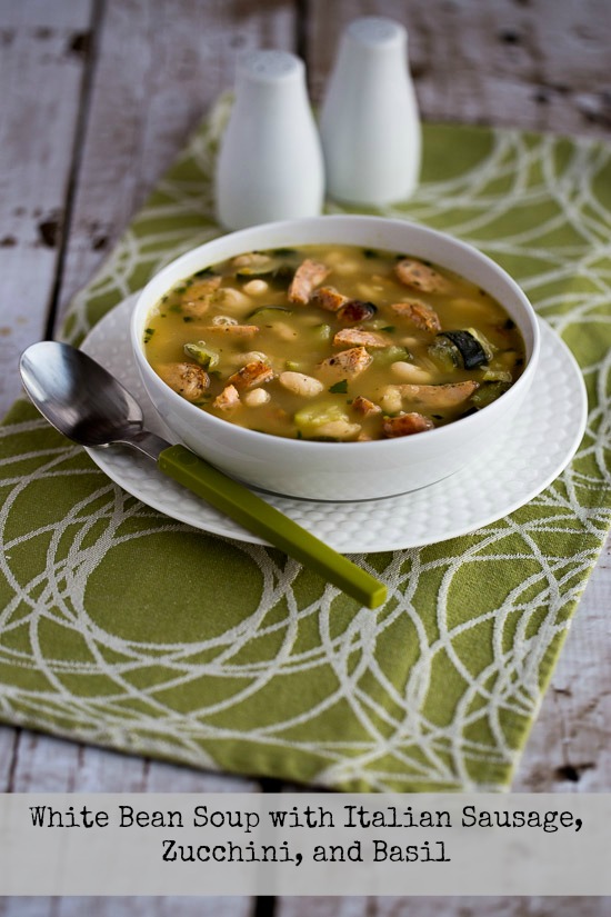 White Bean Soup with Turkey Italian Sausage, Zucchini, and Basil