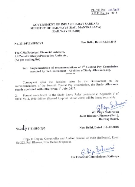 7th Pay Commission –Study Allowance Railway Board order: RBE. No. 68/2018