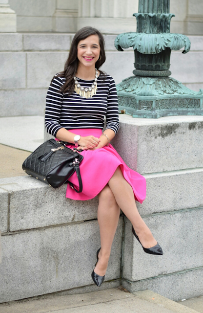 Pink A line skirt over a striped midi dress - repurpose your dress
