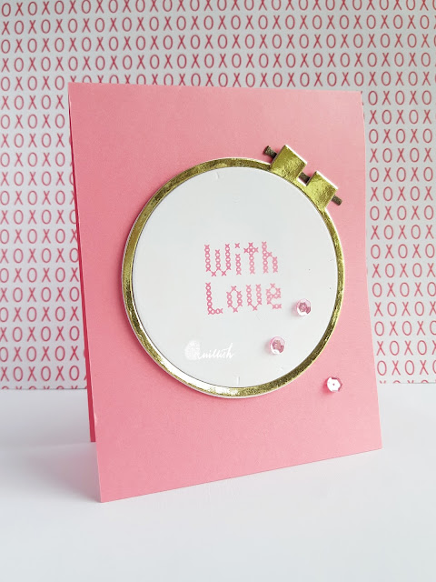 CAS card, paper smooches embroidery hoop die card, waffle flower stitched roses, Embroidery hoop die cut card, clean and simple card, card for mom, cards by Ishani, Quillish, Diecut, 