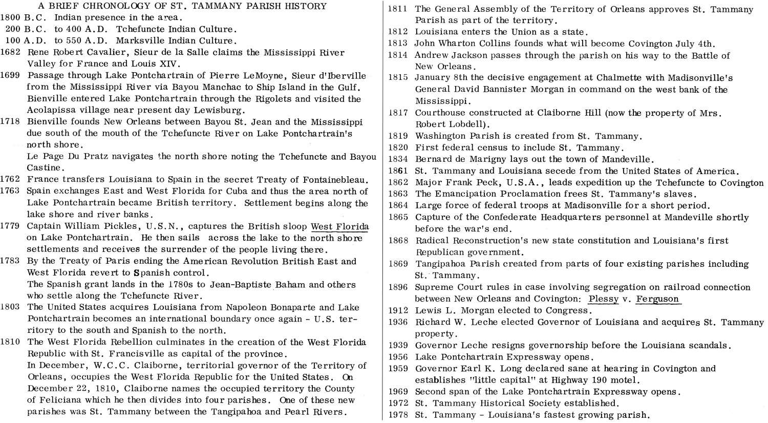 Tammany Family Brief Chronology of St. Tammany Parish History