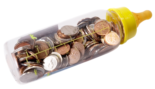 A baby bottle with filled with a variety of coins to be used for baby's educational future.
