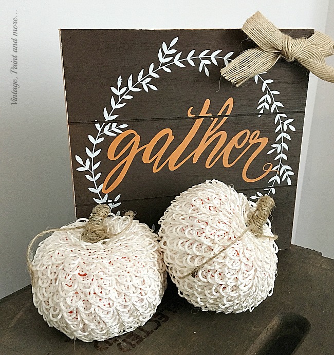 Vintage, Paint and more... cute little vintage pumpkins made by wrapping buttonhole trim around dollar store pumpkins and adding a twine stem