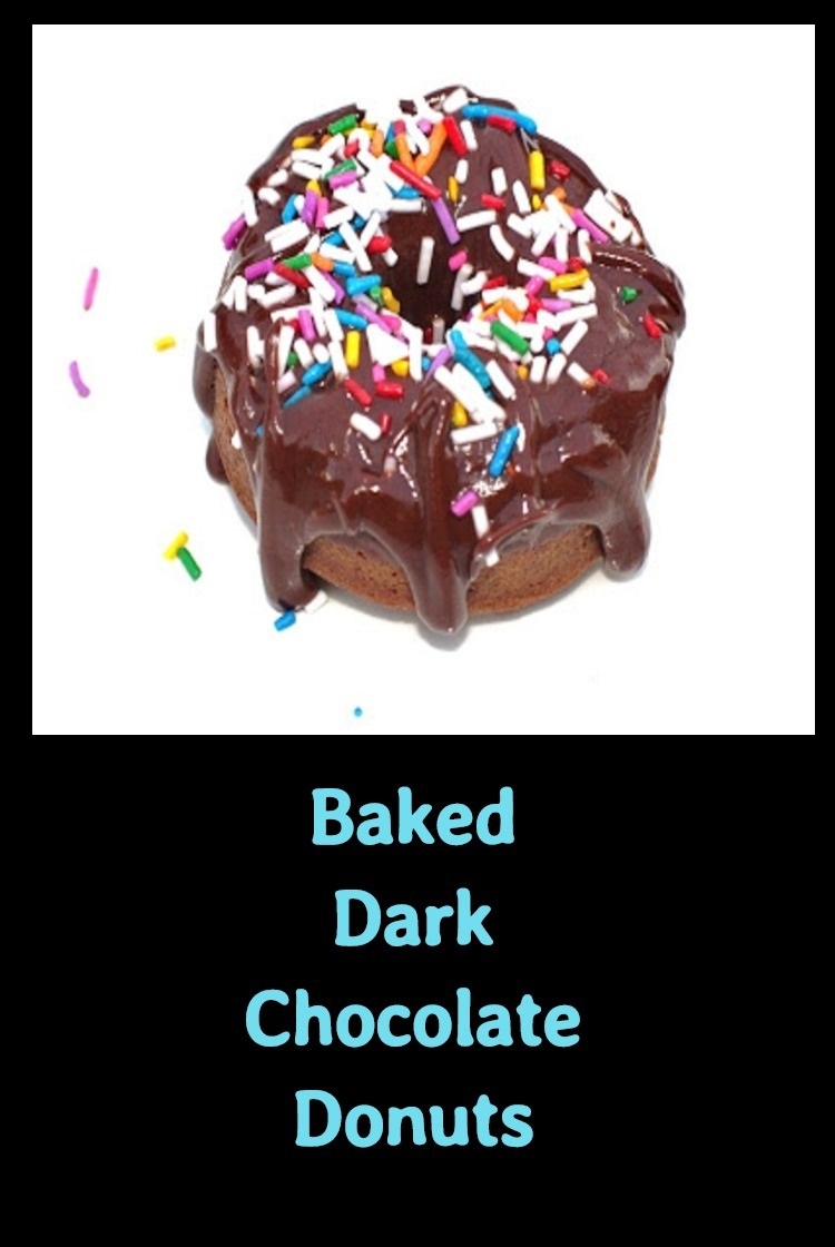 Baked dark deep chocolate donuts in a donut pan with chocolate ganache and colored sprinkles. A delicious chocolate lovers death by chocolate donut baked dripping with chocolate ganache and sprinkles