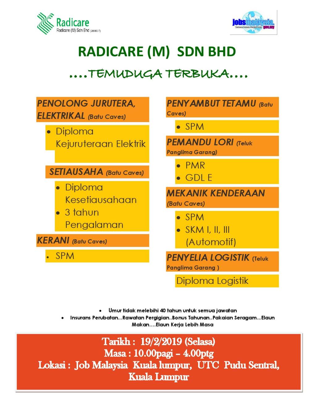 Temuduga Terbuka di Radicare (M) Sdn Bhd - 19 Februari 