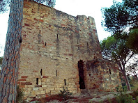 La paret nord-oest de la Torre del Clos, amb la porta d'entrada i la garita per defensar-la