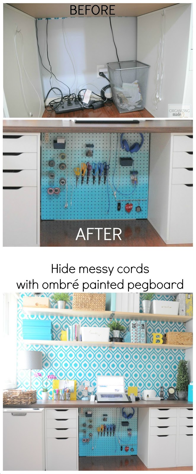 Before and After - Hide messy cords with ombré painted pegboard :: OrganizingMadeFun.com