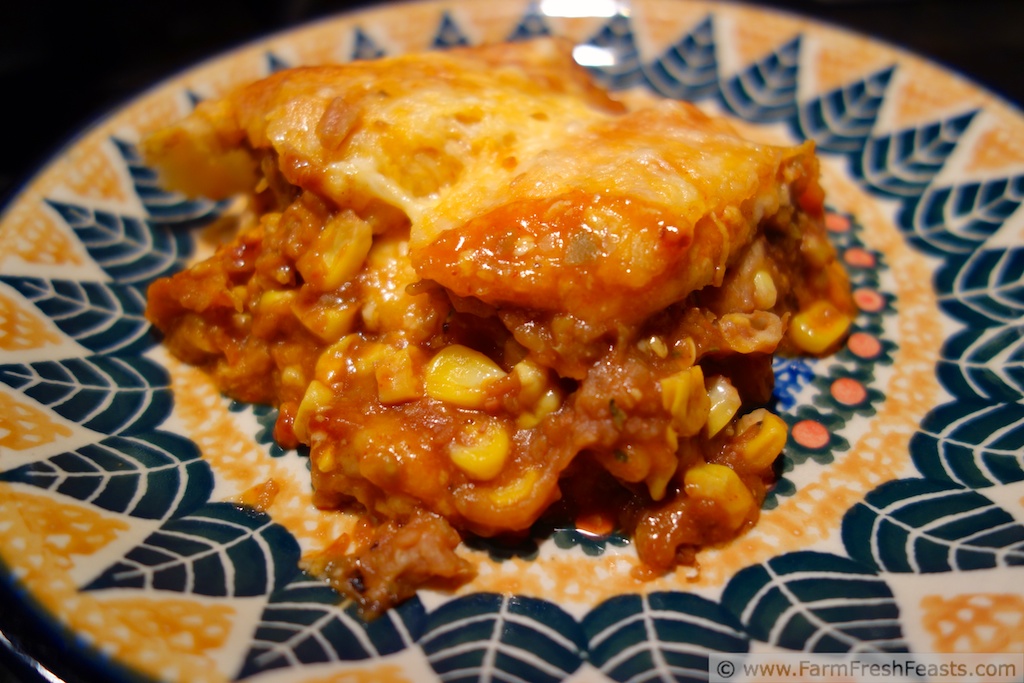 Farm Fresh Feasts ZucchiniRefried BeanCorn Enchiladas (cooking from the freezer stash)