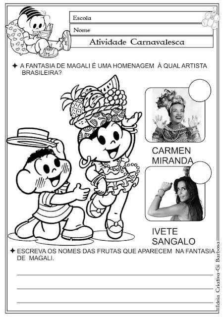 Atividade Carnaval / Carmen Miranda / Auto Ditado Turma da Mônica