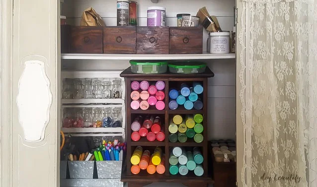 organizing supplies inside a hutch or cabinet