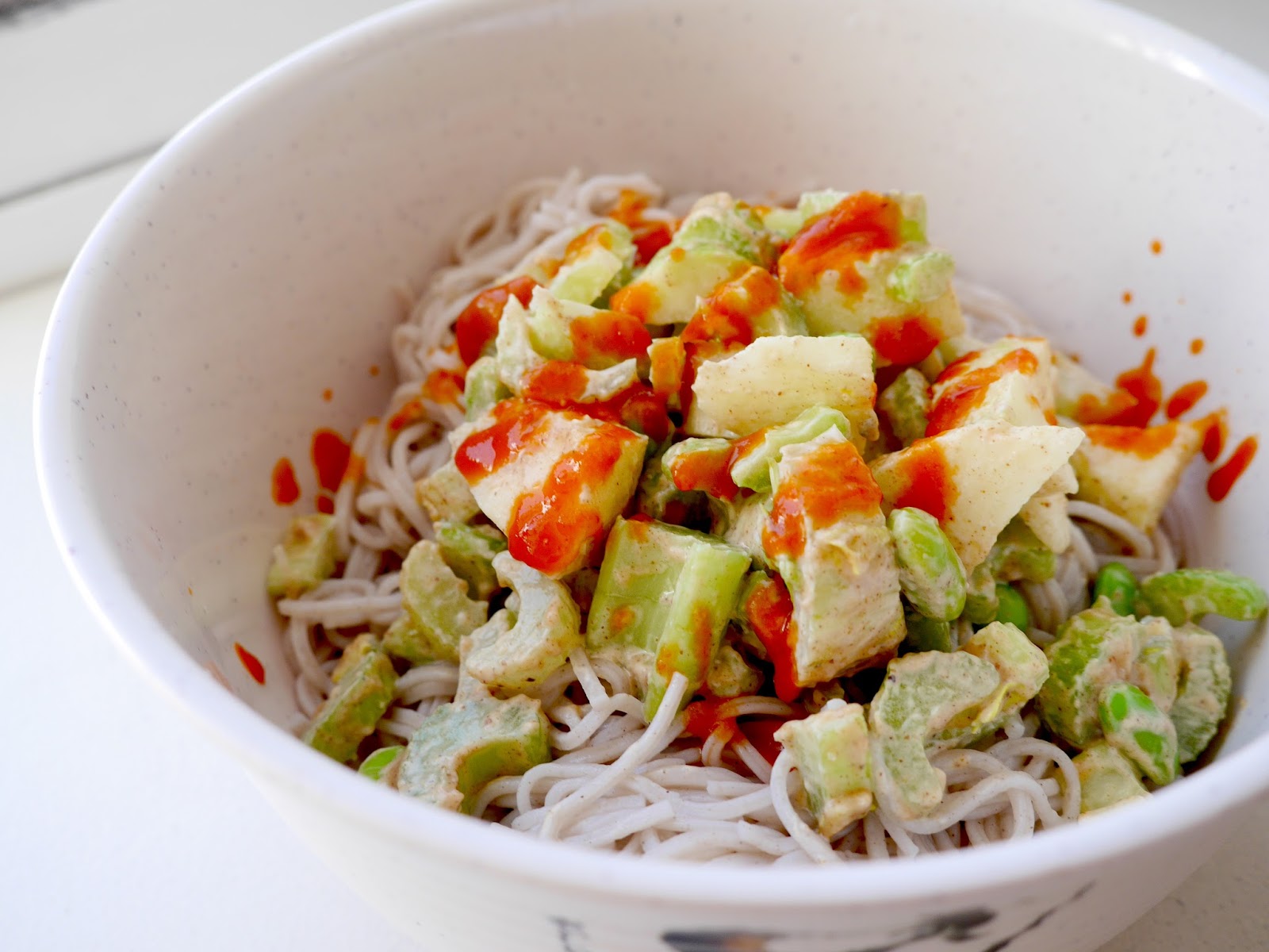 Peanut Butter, Apple, Celery, Edamame Salad over Buckwheat Noodles A
