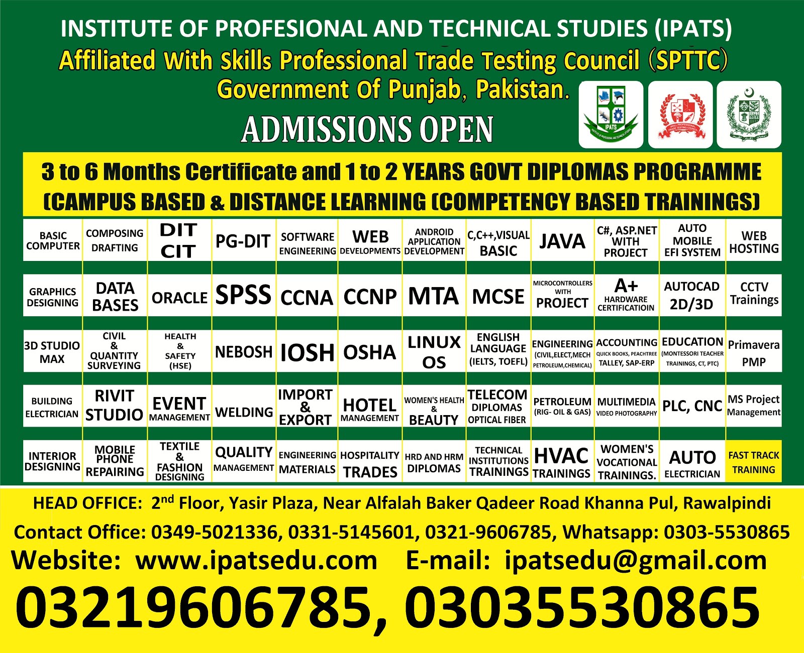 ADMISSIONS OPEN 1 & 2 YEARS DIPLOMAS AND DAE 3 YEARS PROFESSIONAL DIPLOMAS  GOVT DIPLOMA’S PROGRAMM