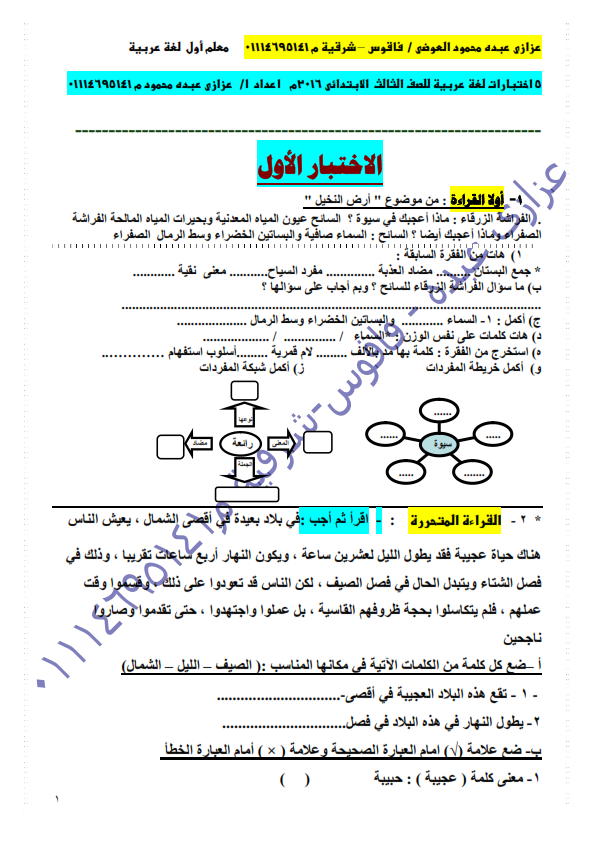 اقوى 5 اختبارات لغة عربية للصف الثالث بالقرائية والقراءة المتحررة الترم الثاني2016 141_001