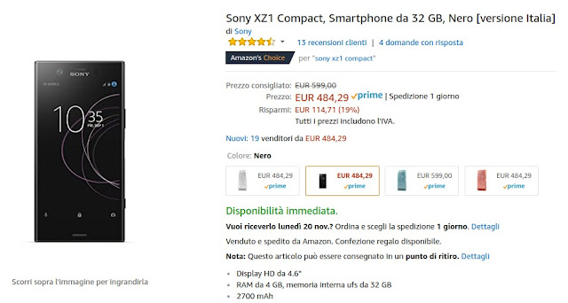 Sony XZ1 Compact NERO in offerta a 484 euro venduto e spedito da Amazon
