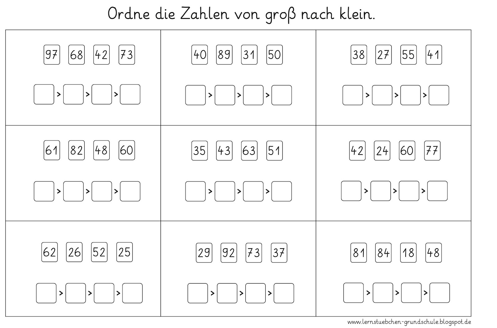Ordne Die Zahlen Der Größe Nach Lernstübchen: Zahlen ordnen (4)