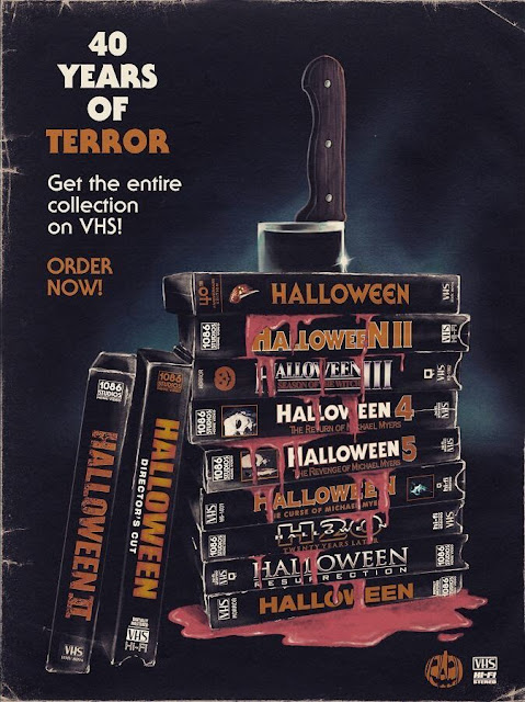 The Horrors of Halloween: EVIL, FRIDAY, HALLOWEEN, HELL, NIGHTMARE Franchise VHS Stacks Artwork 