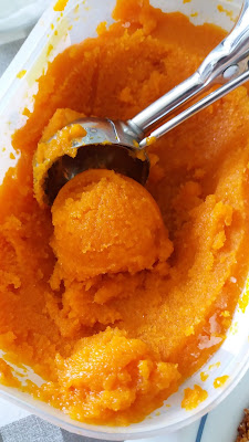 Sorbet carotte miel et cannelle; sans sorbetière; Il s'agit de mixer deux fois les carottes,pour éviter la cristallisation du sorbet ; Sorbet carotte miel et cannelle; sans sorbetière