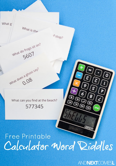 Free printable calculator word riddles for kids - a fun math and literay activity for kids using a calculator from And Next Comes L